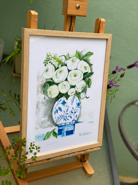 PRINT White Flowers in Blue & White Vase